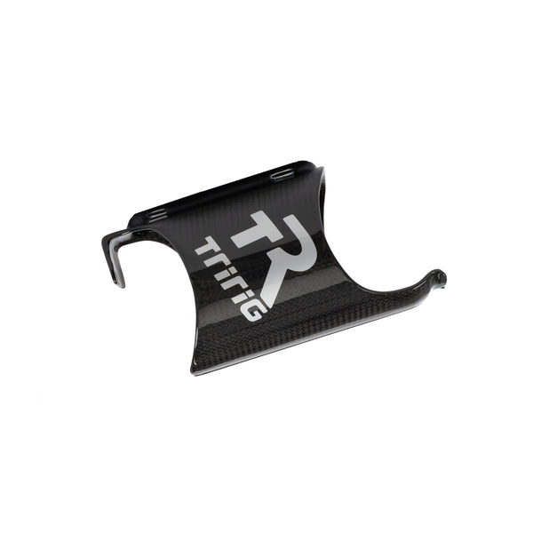 Black carbon fiber bicycle bottle cage mount with white "TriRig" logo.