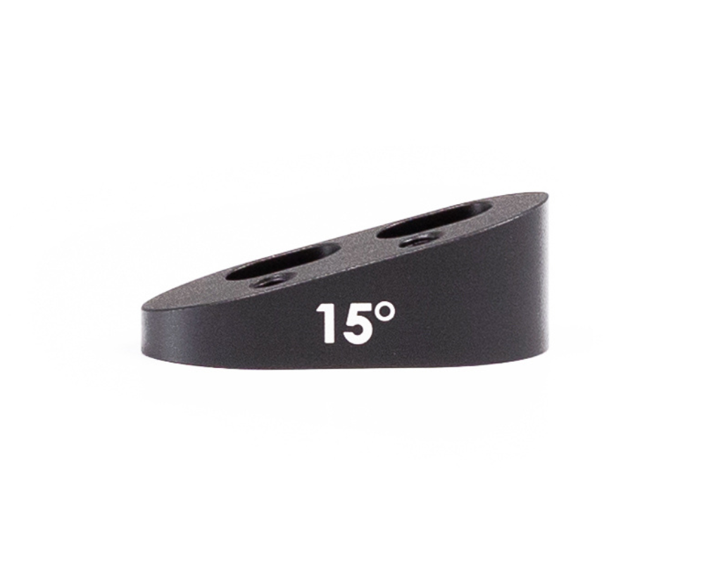 Black wedge-shaped metal component with holes and "15°" text.