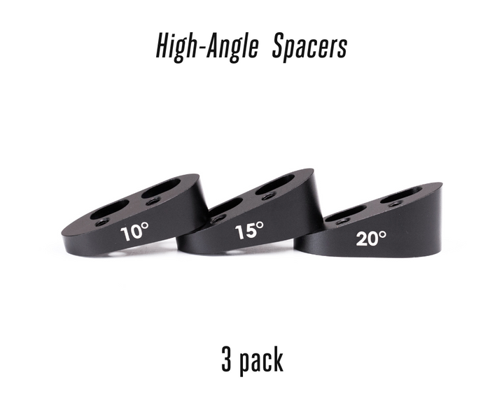 Three black wedge-shaped spacers labeled "10°," "15°," and "20°," with text above and below.