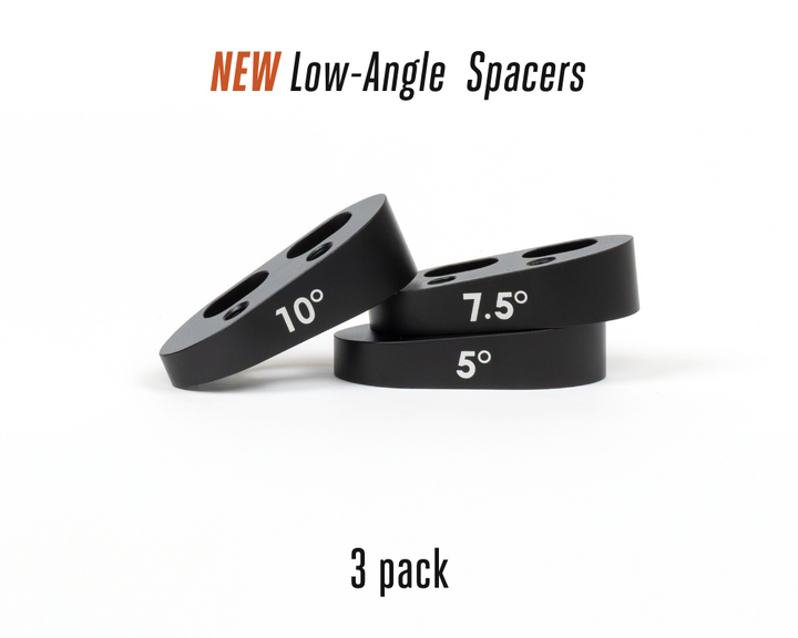 Stack of three black spacers labeled 10°, 7.5°, and 5° with the text "NEW Low-Angle Spacers" and "3 pack."