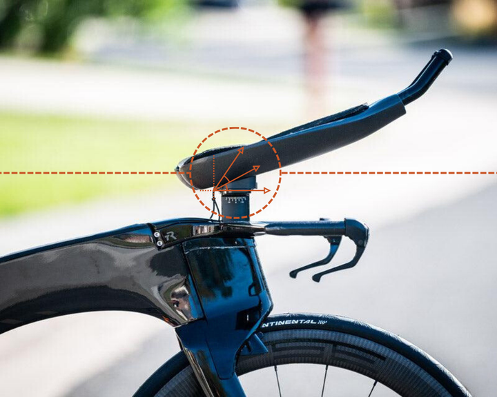 Close-up of bike seat and handlebars with measurement lines in a blurred outdoor setting.