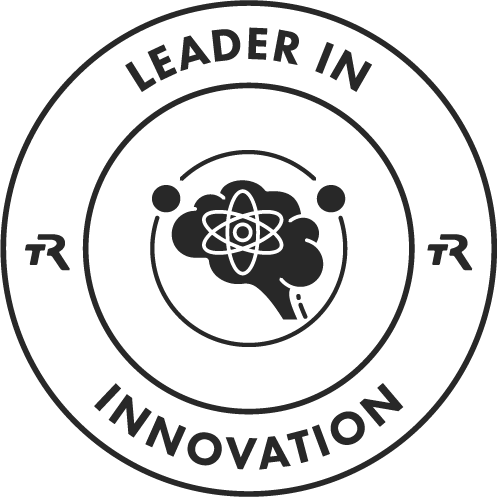 Circular seal with a brain and atom design, labeled "Leader in Innovation."