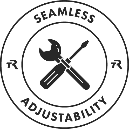 An emblem with a crossed wrench and screwdriver, featuring the words "Seamless Adjustability."