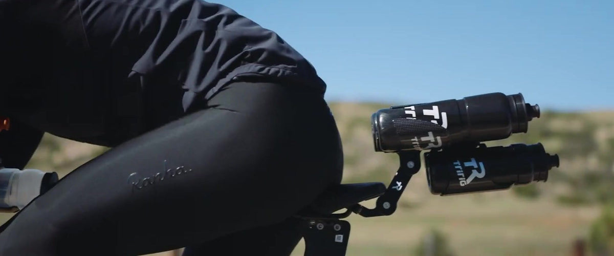 TriRig Beta System rear hydration with two bottles behind the saddle of a tri bike